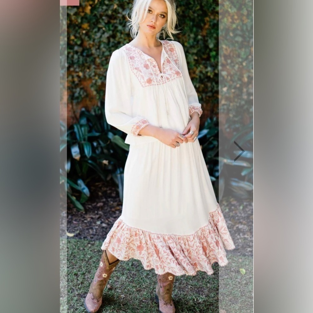 Boho White Floral-Trim Midi Skirt